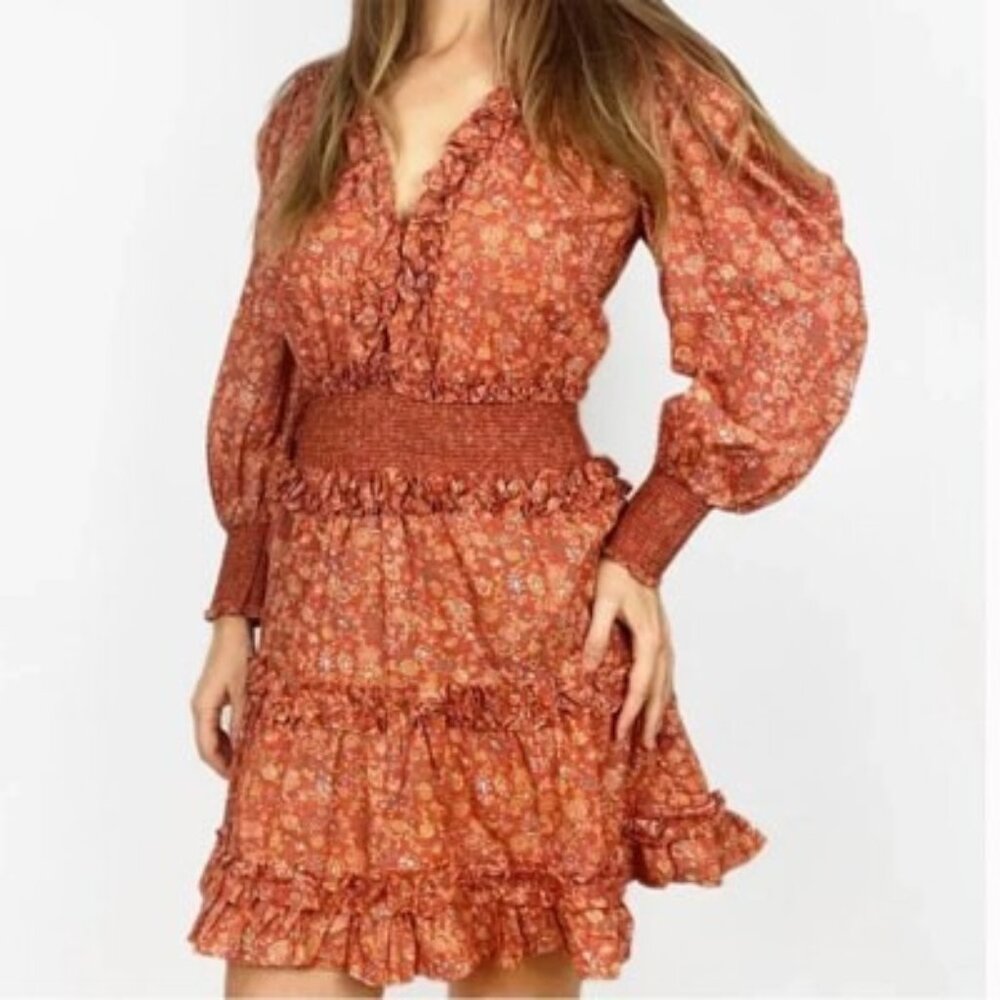 House of Harlow Smocked Waist Puff Shoulder Ruffle Mini Dress